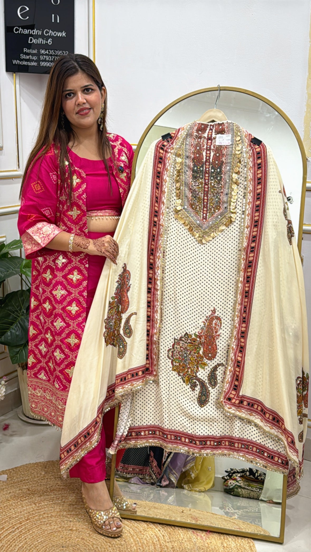 Designer Neck Digital Print Muslin Suit with Heavy Coin Detailing & Pure Muslin Dupatta GF 413